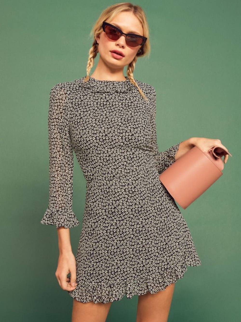 Reformation Stevie Ansel Floral Mini Dress NWT Long Sleeve Ruffle Womens 8 Black